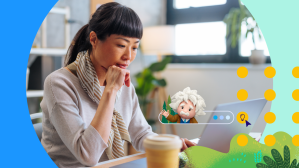 A female seller works on her laptop with an overlay illustration of Salesforce’s Einstein: ChatGPT for Sales