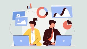 Illustration on a light green background of two office workers (a woman in a yellow jacket and a man in a suit and red tie) on laptops, with graphics of charts and multimedia around them / marketing innovations