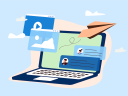 Productivity icons like email and chat on an illustration of a laptop with a blue background