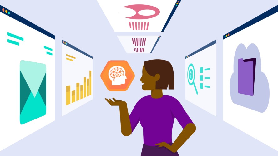 An illustration of a person viewing a brain with various windows of data nearby, showing AI assistants