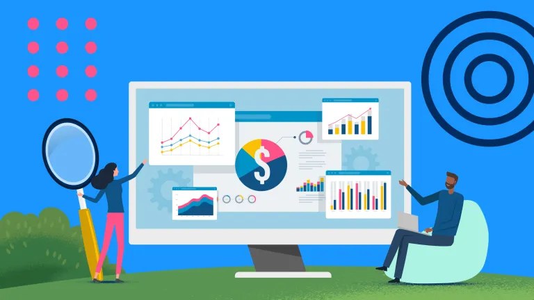 Illustration of people standing in front of a computer screen with graphs and charts to represent data.