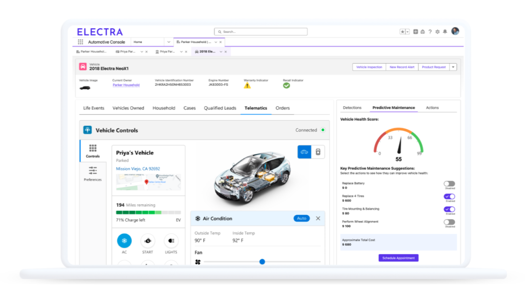 Vehicle Console contains up-to-date telematics information in a single view, like vehicle charging and capacity, temperature, and the health of parts or accessories