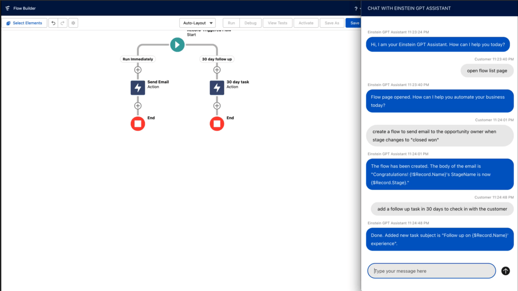 Einstein GPT for Flow can generate workflows from a text prompt. For example, a user types “Send an email to a group when an opportunity is won.” Einstein GPT for Flow then tells the browser what to click on and what to enter into the Flow Builder user interface. It knows how to work with the context of the Salesforce records and metadata to configure the action correctly. 