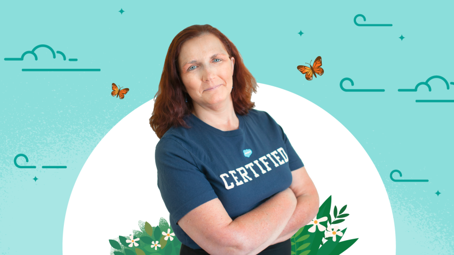 Salesforce-certified Instructor, Tani Long, standing in her certified T-shirt against a floral background