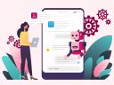 An illustration of a woman and chatbot robot using AI in customer service