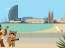 Salesforce characters Codey and Astro play guitars near a beach in Barcelona, home to the Mobile World Congress
