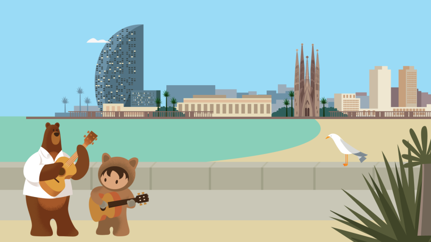 Salesforce characters Codey and Astro play guitars near a beach in Barcelona, home to the Mobile World Congress