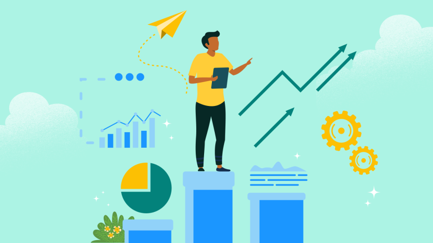 Illustration of a sales rep standing atop a podium and pointing toward three upward arrows: sales tactics