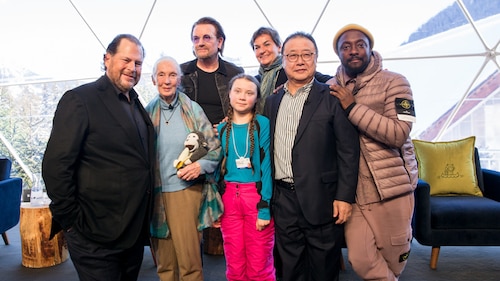 Photo of Marc Benioff by Jane Goodall, Bono, teen climate activist Greta Thunberg, diplomat and environmentalist Christiana Figueres, President & CEO of Sompo Holdings Kengo Sakurada, and will.i.am