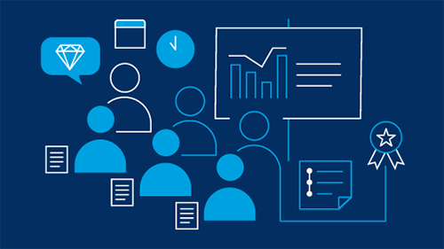 Icons representing sales reps in a meeting: sales meeting