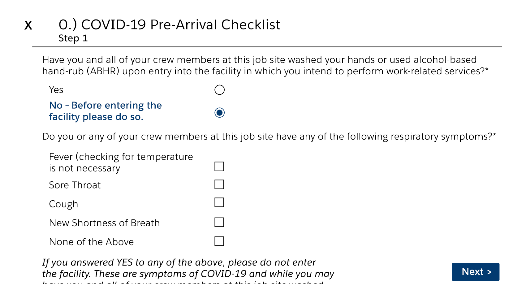Pre-arrival COVID checklist