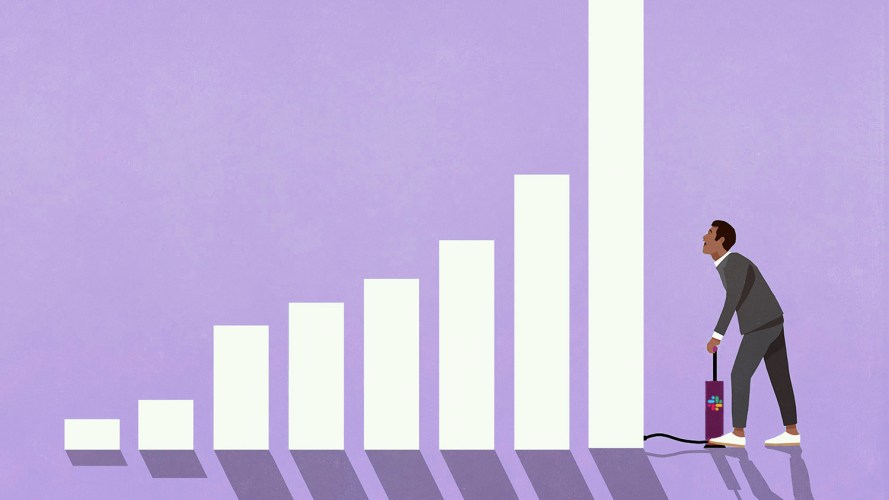 An illustration of a man using a Slack-branded air pump to expand the bars on a bar graph.