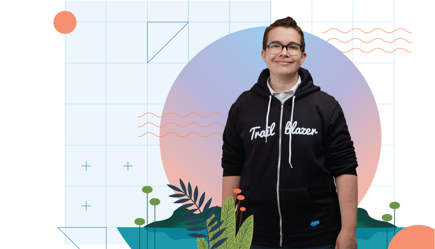 An architect Trailblazer standing in a black hoodie against a technical drawing background
