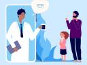illustration of doctor, child and father interacting through a screen: cloud-based healthcare
