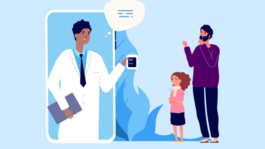 illustration of doctor, child and father interacting through a screen: cloud-based healthcare