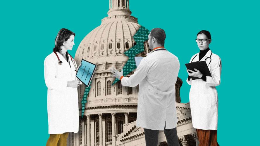 illustration of three people in doctor coats standing around the capitol building