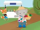 fox and elephant enjoying a spring day, near a fruit stand and holding a basket of fruit. Spring '22 Release
