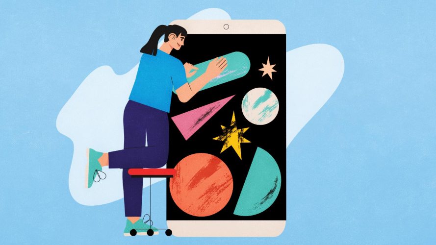 Woman interacting with a comically large smartphone and reaching into the front of the smartphone: learn from design debt user experience