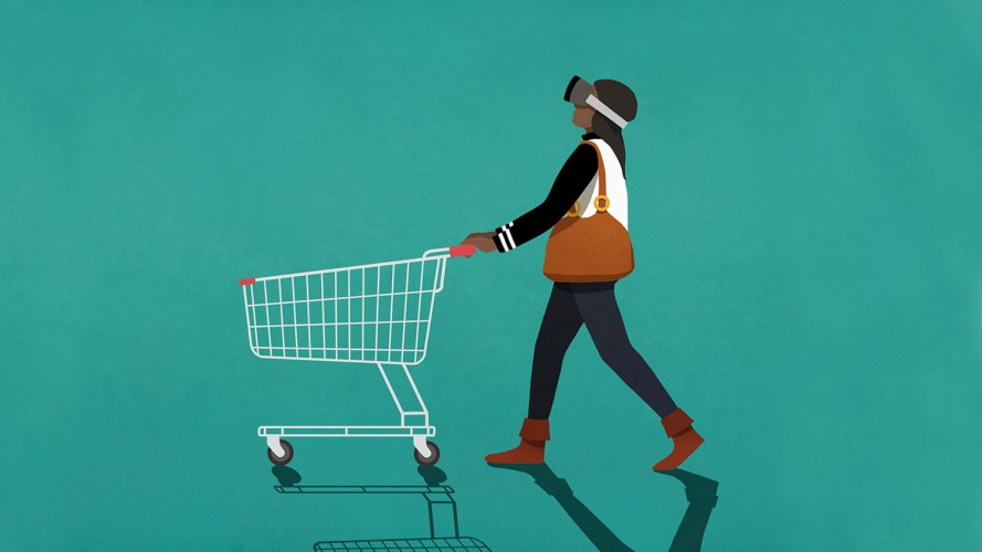 A shopper in trendy attire pushes a white shopping cart: retail data strategy