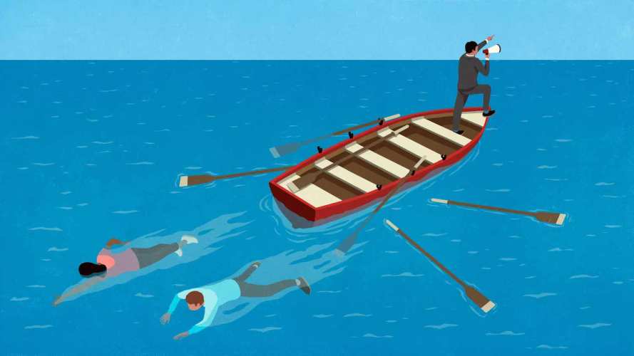 An illustration of workplace anxiety shows two coworkers jumping off a rowboat while someone in front speaks into a loudspeaker.