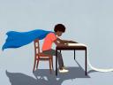 A technical writer, dressed like a superhero, sitting at a desk helping drive technology adoption.