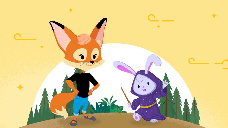 Salesforce characters Brandy and Genie together in a forest setting against a yellow background