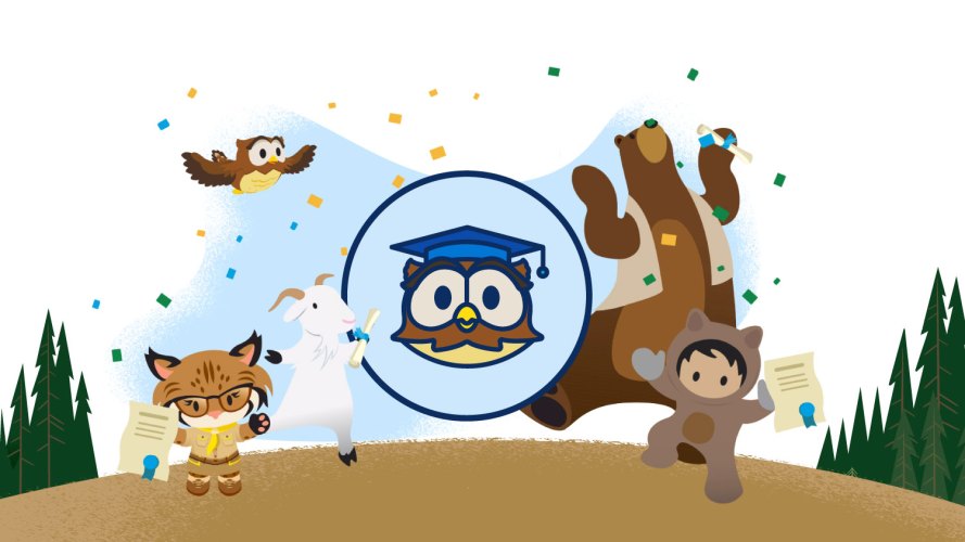 Salesforce characters celebrating their Trailblazer virtual Bootcamp completion