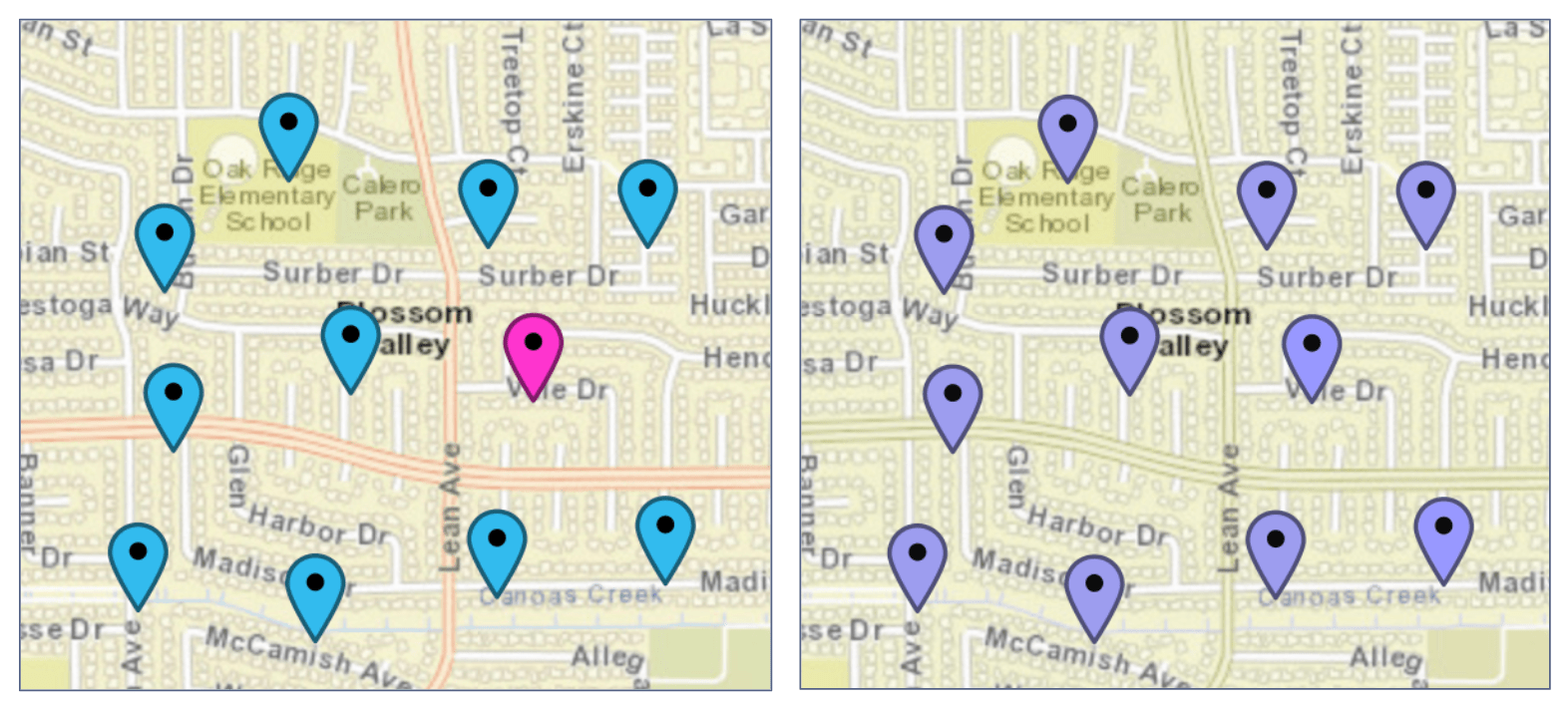 Graphic comparing two versions of the same map. The map markers appear in two colors on the left and one color on the right.