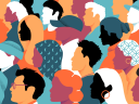 Colorful illustration of side profiles of a group of people.