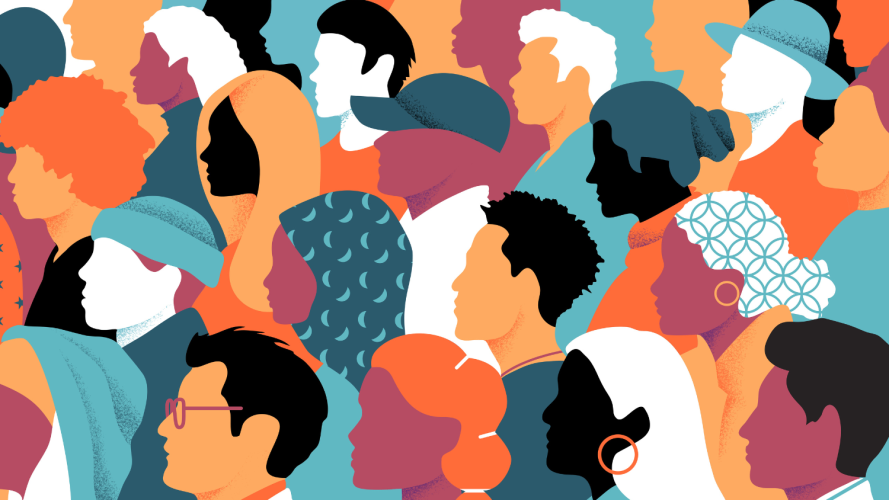 Colorful illustration of side profiles of a group of people.