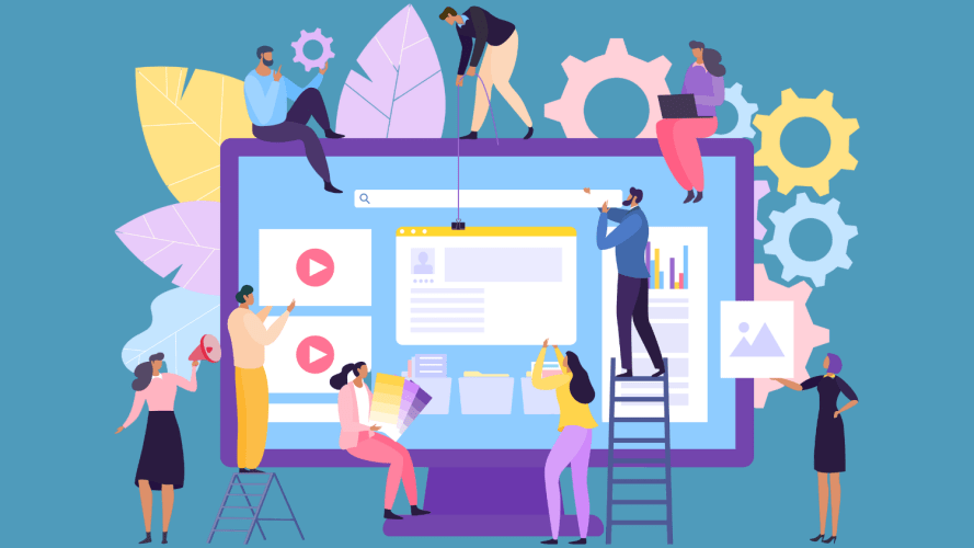 Pastel illustration of diverse people surrounding a giant computer monitor, representing "team work."