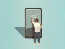 An illustration of a person touching an oversized image of a shopping cart on an oversized smartphone: ecommerce trends 2023
