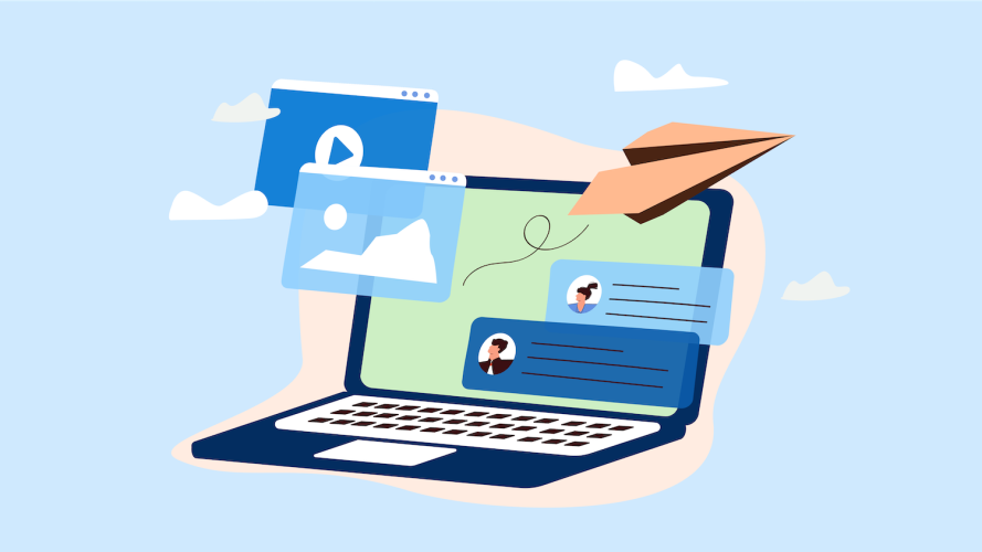 Productivity icons like email and chat on an illustration of a laptop with a blue background