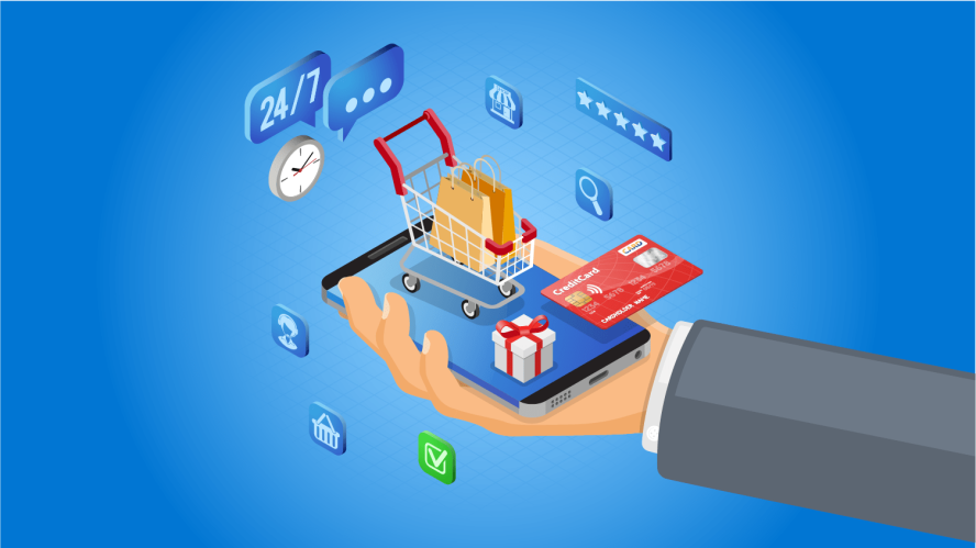 Illustration of a businessperson holding a smartphone against a blue background, with icons of shopping and shopping apps in the air / Marketing Cloud features spring release