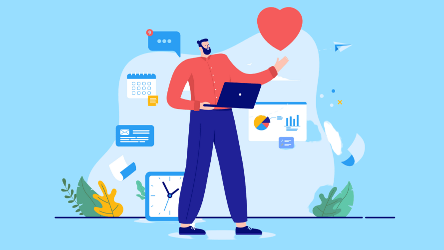 To represent Field Service workers: Illustration of man gripping a laptop in one hand and a large red heart floating above his other outstretched arm. Background includes floating tiles representing data, calendar, email, text.