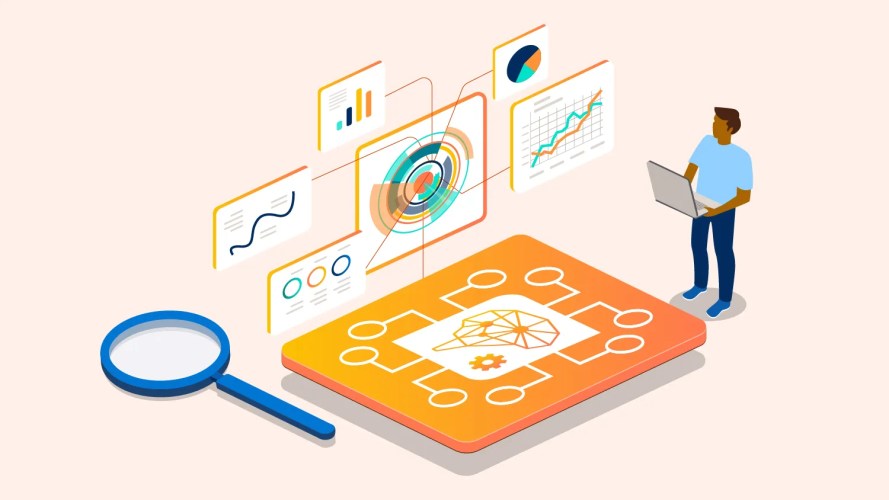 An illustration showing screens, gears and a magnifying glass.