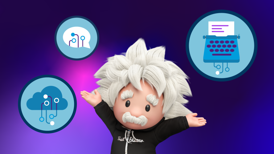 Ilustración del personaje Einstein rodeado de 3 insignias Trailhead para habilidades de IA