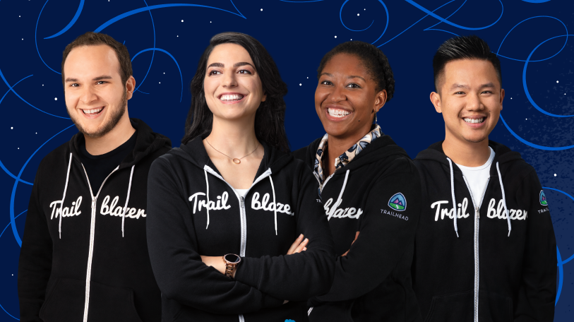 Four Trailblazers Zachary Banks, Sima Samara, Karmel James, and Tony Nguyen all in Trailblazer hoodies.
