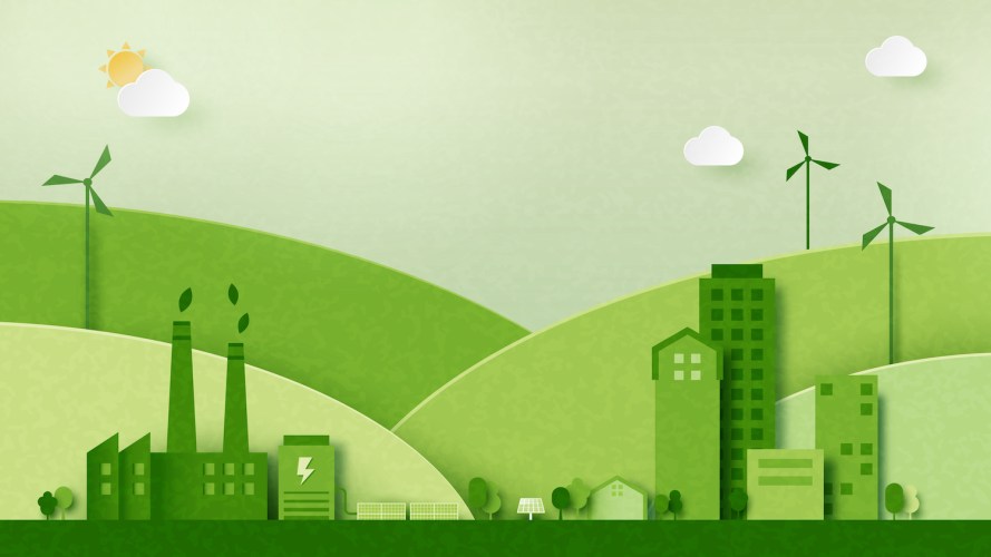 Illustration of a green city, with buildings and factories all practicing ESG compliance