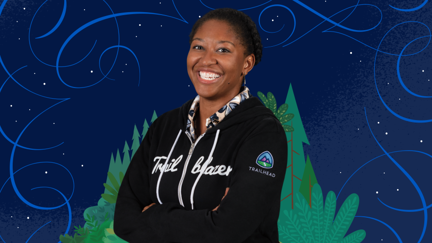 Trailblazer Karmel James in iconic Trailblazer hoodie. She is representing Trailblazers who career switch.