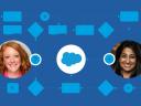 An illustrative flow diagram with the Salesforce cloud logo in the center and photos of two women who collaborated the project described in the article.