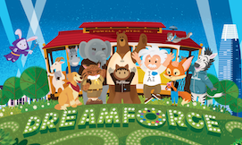 Trailhead characters standing over grass that spells Dreamforce