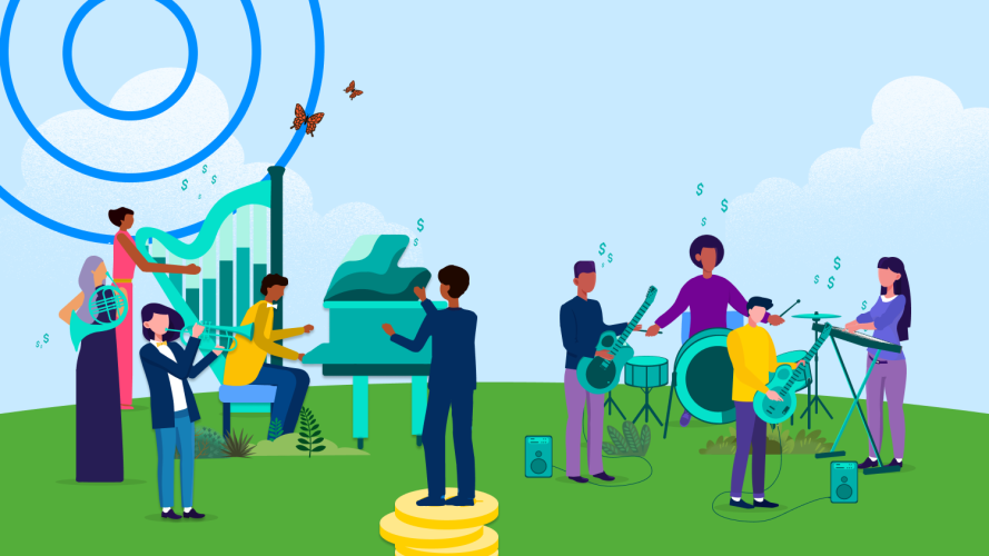 Illustration: a conductor-led orchestra (left) and a rock band (right), demonstrating two different ways to create your sales planning strategy.