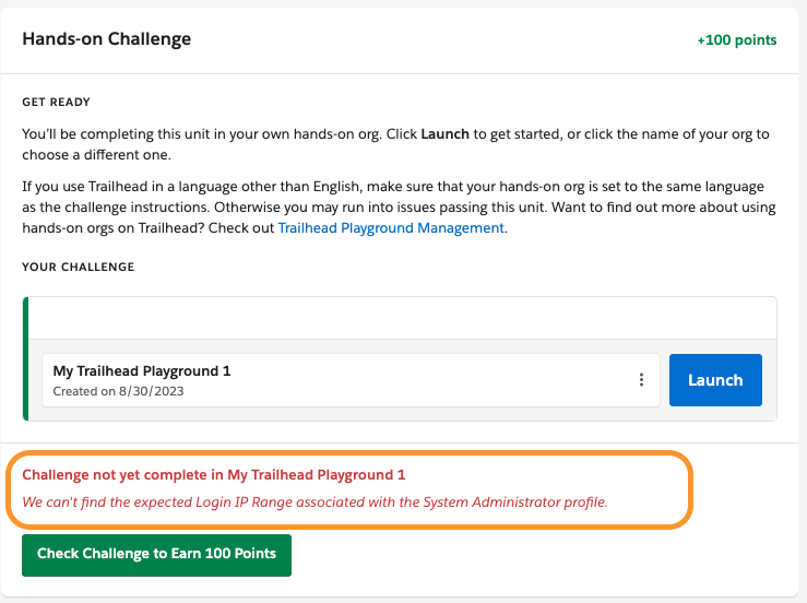 A Trailhead page shows an error message saying “We can’t find the expected Login IP Range associated with the System Administrator profile.”