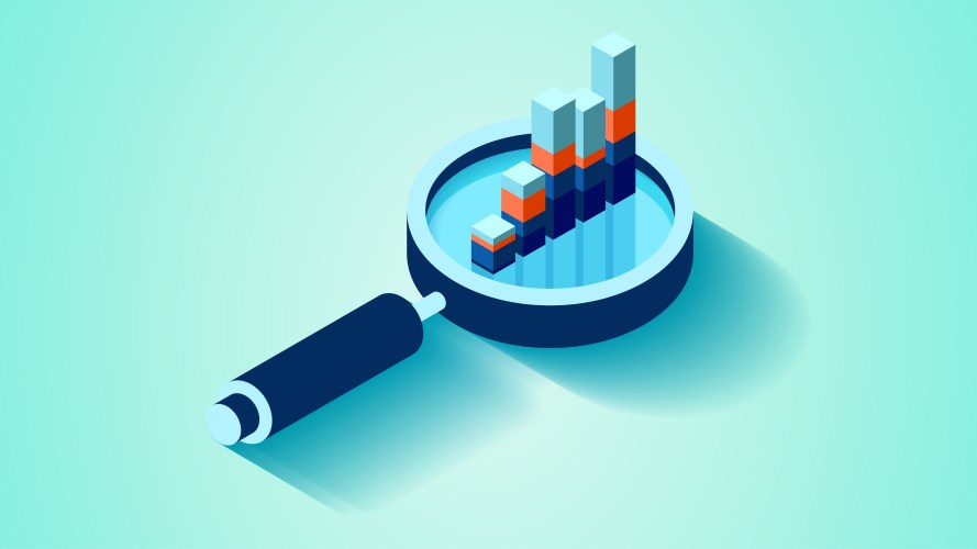 An illustration showing a bar chart coming out of a magnifying glass: DEI policies