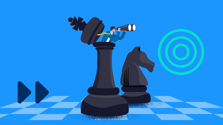 Sales Strategy Guide: Sales leader peering out of a chess piece with binoculars