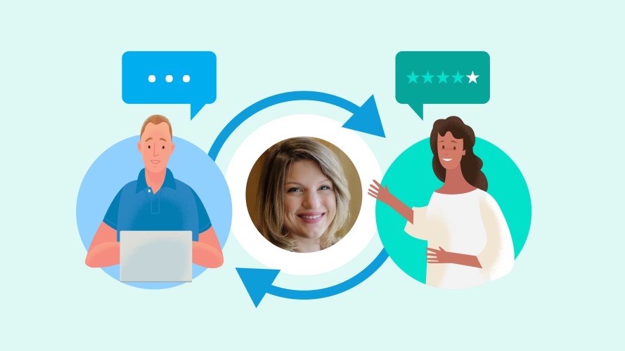 Illustration of research feedback loop with two users and an image of a UX designer