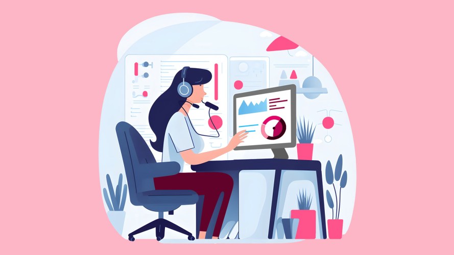 Illustration, with a pink background, of a female customer service agent working with contact center CRM software on her computer to help a customer.
