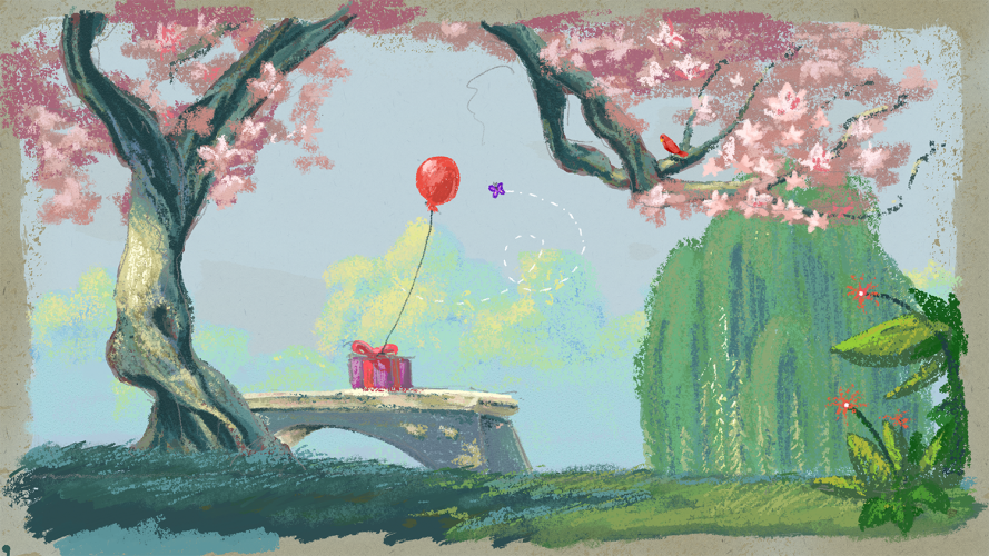 Pastel illustration of bench under an arching tree, with a red balloon tied to a gift box. A willow tree is in the distance. This represents design for nonprofits.