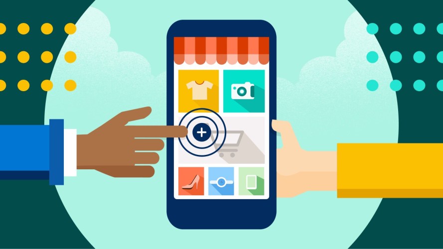 Cross-selling graphic of two hands holding a phone and making an ecommerce purchase